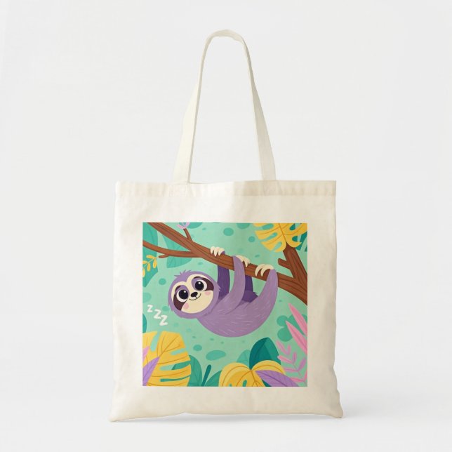 Cartoon sloth hanging upside-down from a branch tote bag (Front)