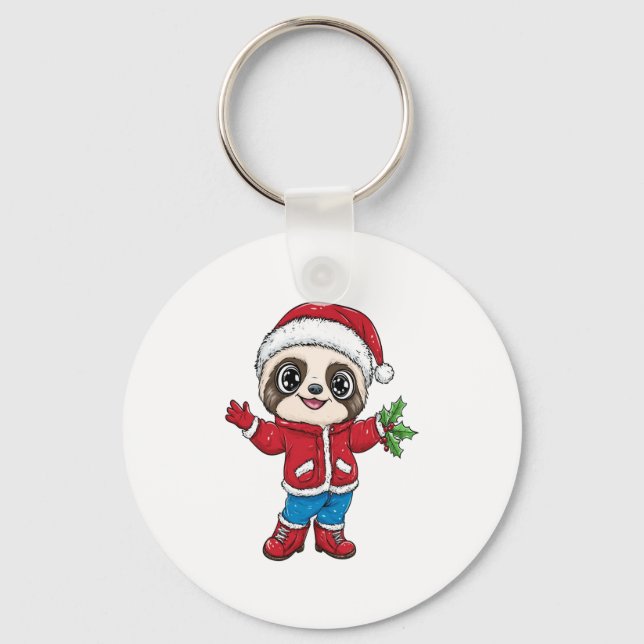 Cartoon Sloth Wearing Christmas Key Ring (Front)