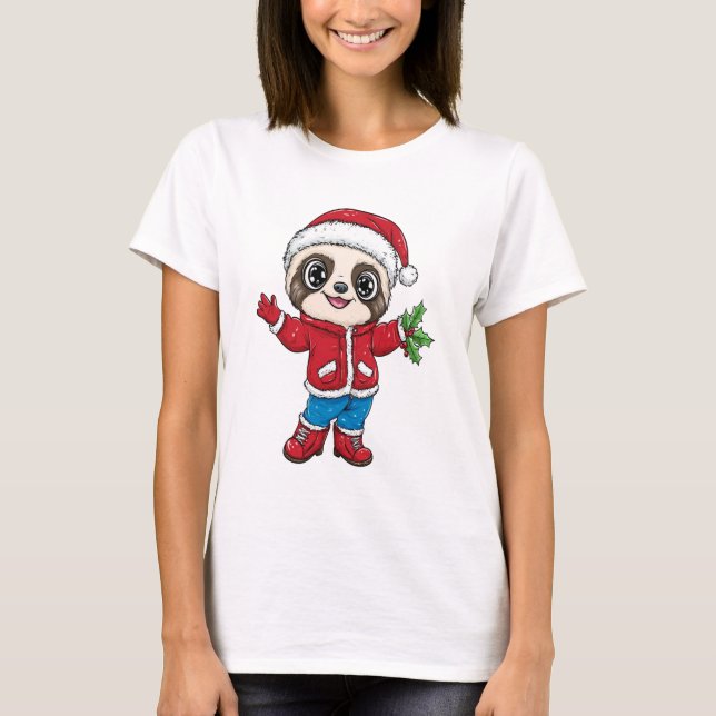 Cartoon Sloth Wearing Christmas T-Shirt (Front)