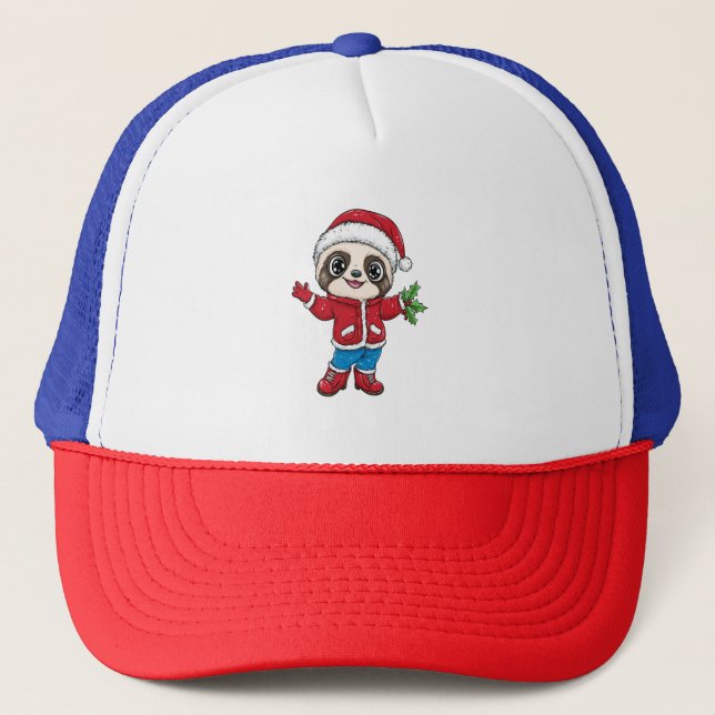 Cartoon Sloth Wearing Christmas Trucker Hat (Front)