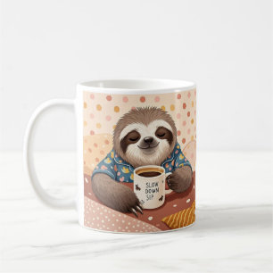 Cartoon sloth with exaggerated sleepy eyes coffee mug