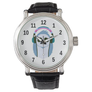 Cartoon sloth with headphones watch