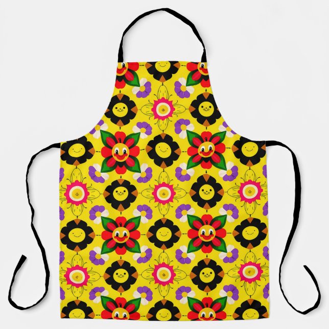 Cartoon Smiling Flowers and Bees Apron (Front)
