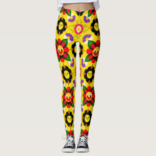Cartoon Smiling Flowers and Bees Leggings