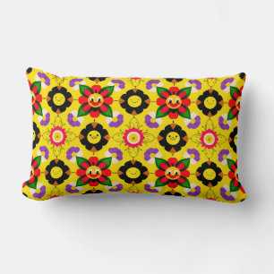 Cartoon Smiling Flowers and Bees Lumbar Cushion
