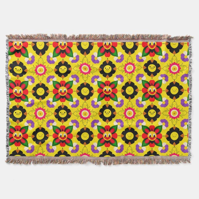 Cartoon Smiling Flowers and Bees Throw Blanket (Front)