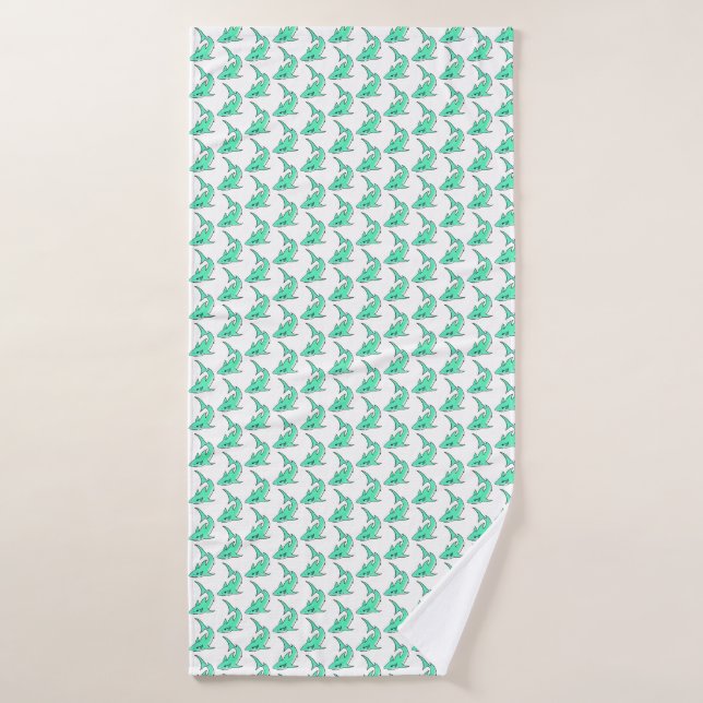 cartoon smiling shark mint blue green ocean animal bath towel (Bath Towel)