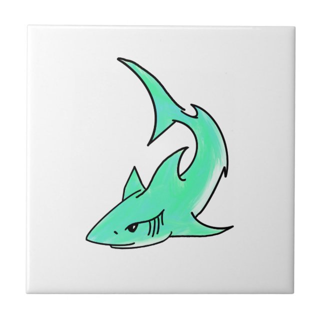 cartoon smiling shark mint blue green ocean animal ceramic tile (Front)