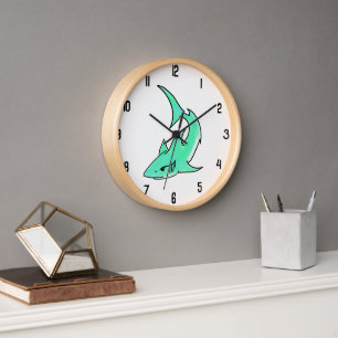 cartoon smiling shark mint blue green ocean animal clock