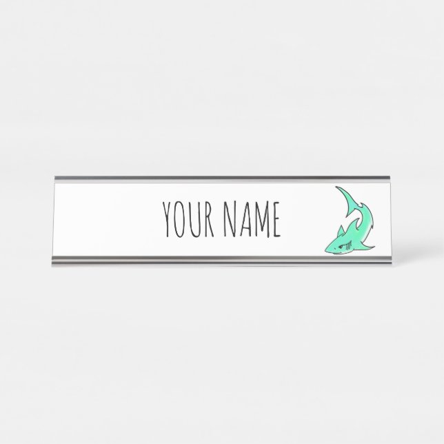 cartoon smiling shark mint blue green ocean animal desk name plate (Front)