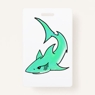 cartoon smiling shark mint blue green ocean animal ID badge