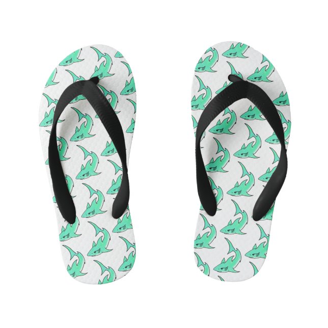 cartoon smiling shark mint blue green ocean animal kid's thongs (Footbed)