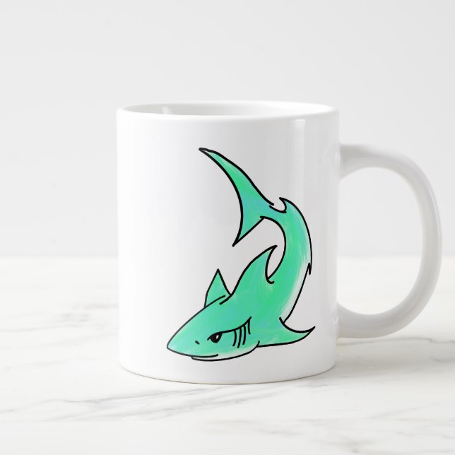 cartoon smiling shark mint blue green ocean animal large coffee mug (Right)