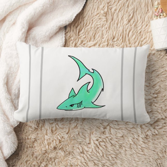 cartoon smiling shark mint blue green ocean animal lumbar cushion (Blanket)