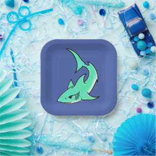 cartoon smiling shark mint blue green ocean animal paper plate