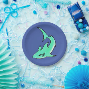 cartoon smiling shark mint blue green ocean animal paper plate