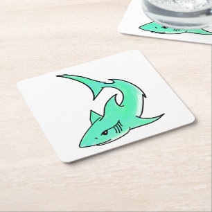 cartoon smiling shark mint blue green ocean animal square paper coaster
