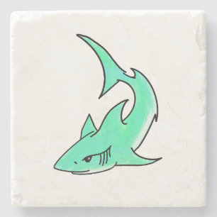 cartoon smiling shark mint blue green ocean animal stone coaster