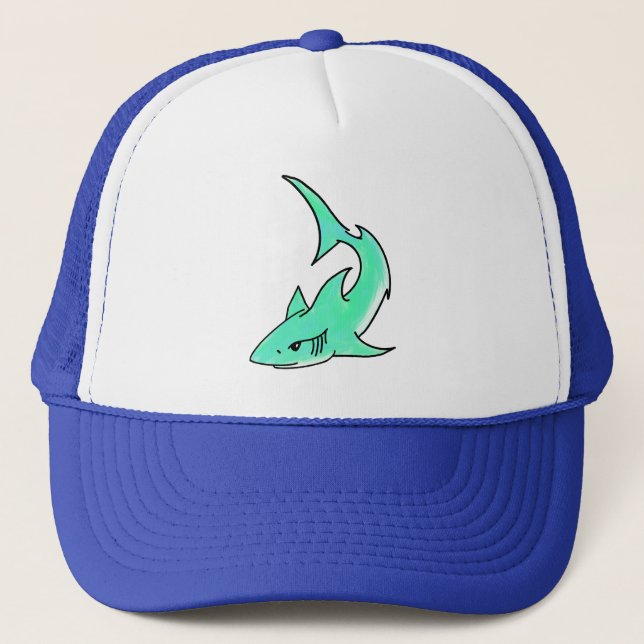 cartoon smiling shark mint blue green ocean animal trucker hat (Front)