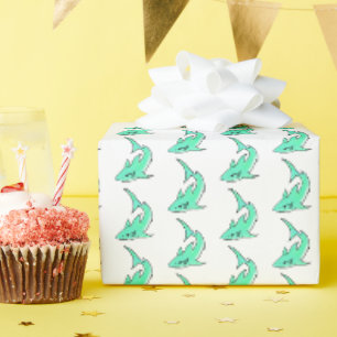 cartoon smiling shark mint blue green ocean animal wrapping paper