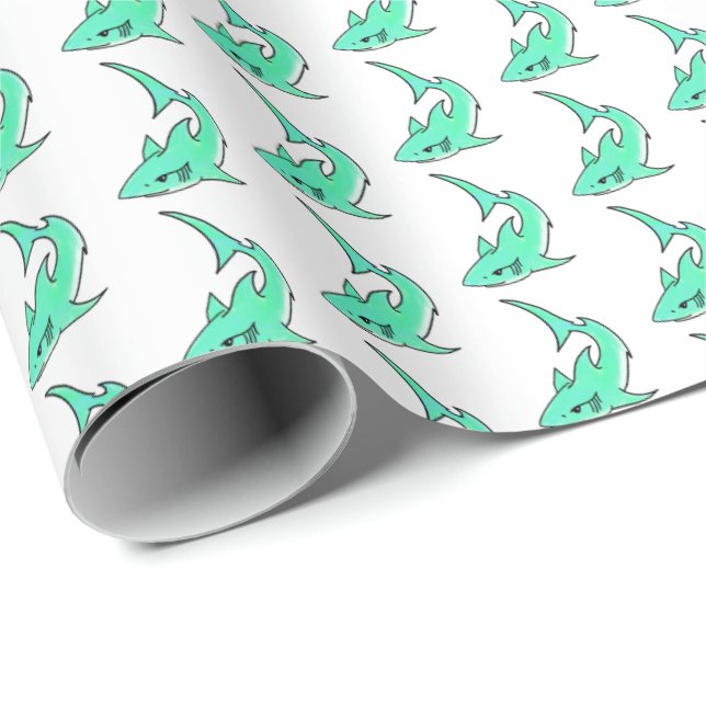 cartoon smiling shark mint blue green ocean animal wrapping paper (Roll Corner)