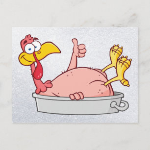 cartoon smiling turkey in pan postcard