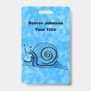 Cartoon Snail Blue Patterned Shell on Mix of Blues ID Badge