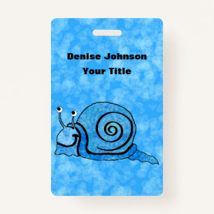 Cartoon Snail Blue Patterned Shell on Mix of Blues ID Badge
