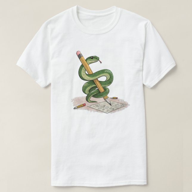 Cartoon Snake Wrapped Around Pencil – Hand-Drawn T-Shirt (Design Front)