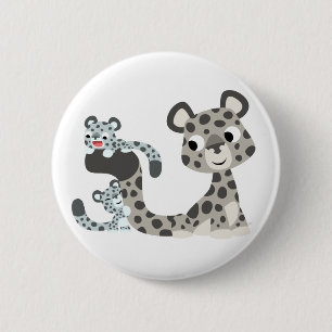 Cartoon Snow Leopard and Cubs Button Badge