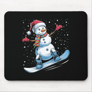 Cartoon Snowboarding Snowman With Santa Hat Christ Mouse Pad