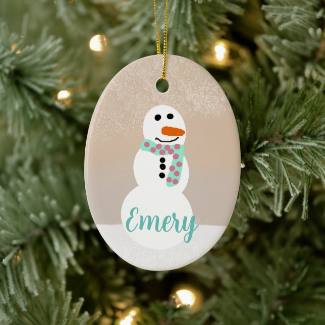Cartoon Snowman (Customisable Name) Ceramic Ornament (Tree)