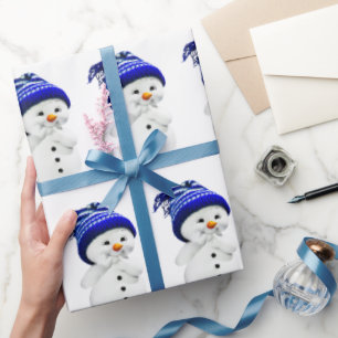 Cartoon Snowman in Blue & White Wool Hat Wrapping  Paper