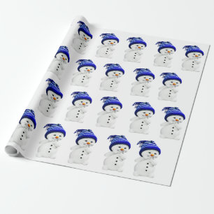 Cartoon Snowman in Blue & White Wool Hat Wrapping Paper