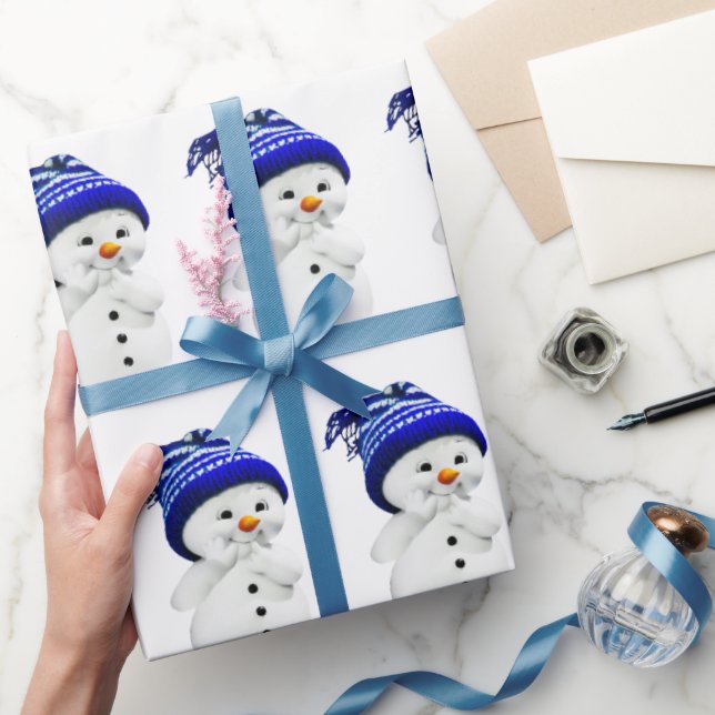Cartoon Snowman in Blue & White Wool Hat Wrapping  Wrapping Paper (Gifting)
