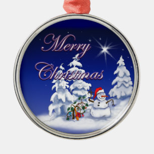 Cartoon Snowman with Merry Christmas Metal Ornament