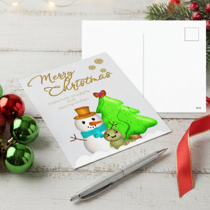 Cartoon Snowman, Worm And Christmas Tree Holiday Postcard
