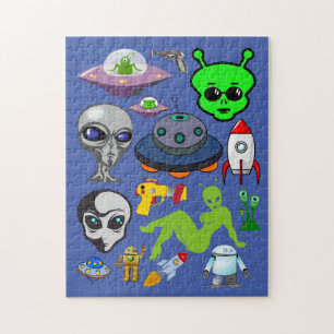 Cartoon Space Aliens Greys UFO Art Collage sheet  Jigsaw Puzzle