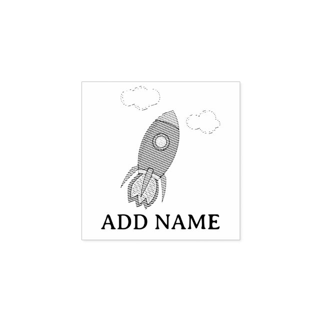 Cartoon Space Rocket Custom Name Rubber Stamp (Imprint)