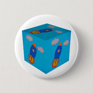 Cartoon Space Rocket Flying And Blue Sky Cube 6 Cm Round Badge