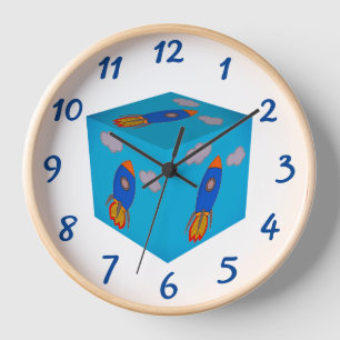 Cartoon Space Rocket Flying And Blue Sky Cube Clock