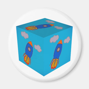 Cartoon Space Rocket Flying And Blue Sky Cube Magnet