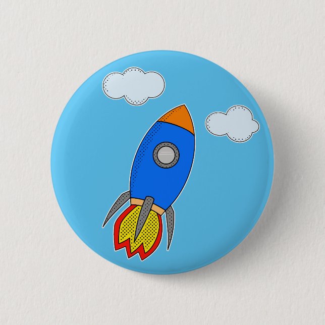 Cartoon Space Rocket In Blue Sky 6 Cm Round Badge (Front)