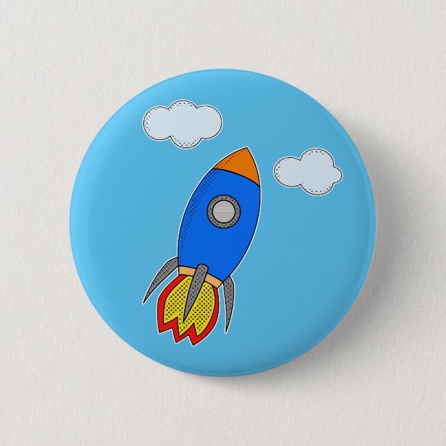 Cartoon Space Rocket In Blue Sky 6 Cm Round Badge (Front)