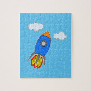 Cartoon Space Rocket In Blue Sky Jigsaw Puzzle