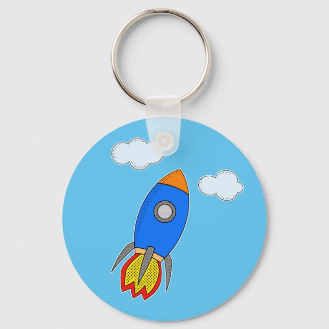 Cartoon Space Rocket In Blue Sky Key Ring (Front)
