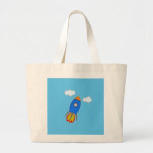 Cartoon Space Rocket In Blue Sky Large Tote Bag