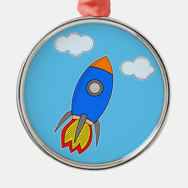 Cartoon Space Rocket In Blue Sky Metal Ornament (Front)