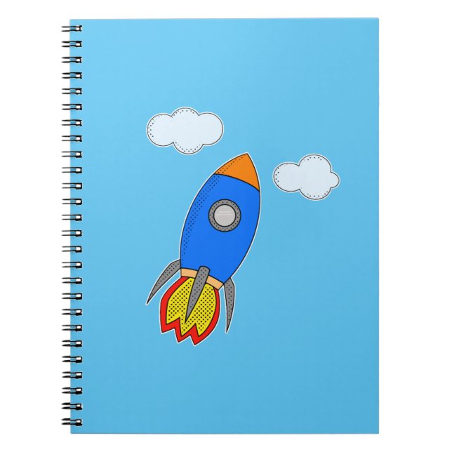 Cartoon Space Rocket In Blue Sky Notebook (Front)