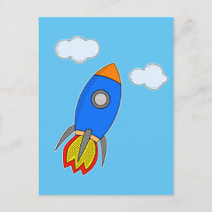 Cartoon Space Rocket In Blue Sky Postcard